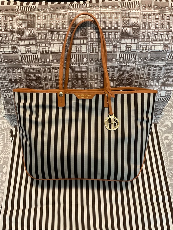 henri bendel Handbags - Henri Bendel Mink and Silver Premium Stripe Tote with  Chestnut Saffiano Trim